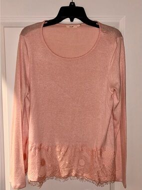 Ami Pale Pink Long-Sleeve Lace Hem Top